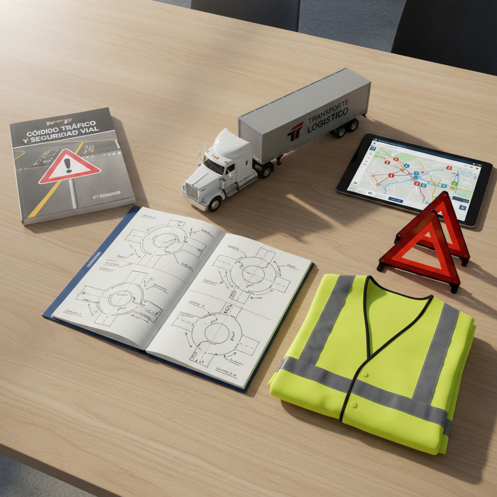 An overhead photographic view of a meticulously arranged work table used for professional road transport and logistics training. On the light oak surface lie a Spanish traffic code manual, an open notebook filled with neat, schematic intersection drawings, a detailed miniature truck model with articulated trailer, and a tablet displaying a digital route planning interface with colored lines and waypoints. A high-visibility yellow vest is carefully folded at the edge, alongside a pair of neatly stacked reflective warning triangles. Soft morning daylight from the left creates crisp but gentle shadows and subtle highlights on metallic details. The composition uses rule of thirds, with a clean, modern aesthetic and a calm, studious atmosphere, emphasizing the integration of Formación Vial and logistics education.
