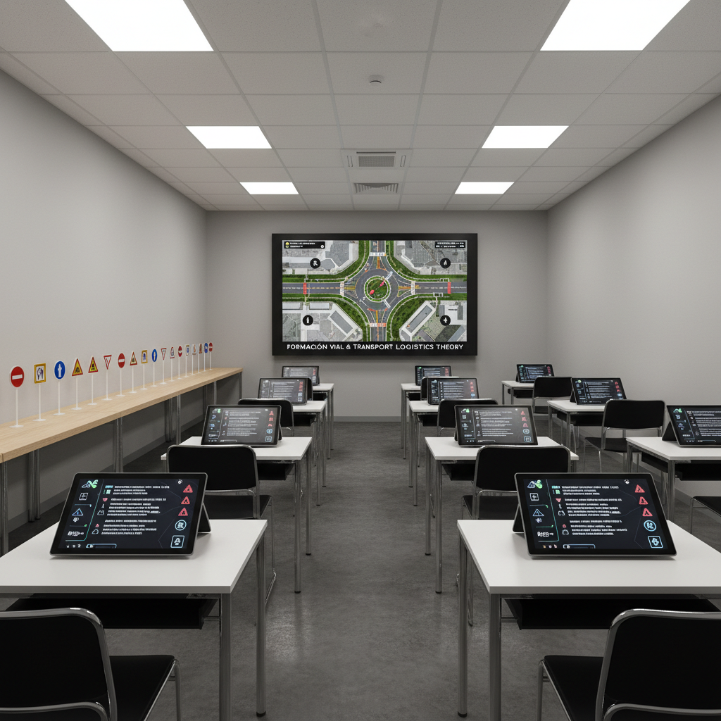 A meticulously organized classroom for professional driver training, shown without any people, featuring rows of sleek black-and-chrome desks each equipped with a tablet displaying digital traffic regulations, and model road signs lined up on a long, light-wood side table. At the front, a large wall-mounted screen shows a high-resolution aerial diagram of an urban intersection with lane markings and arrows. Neutral walls, a dark gray floor, and minimal decor create a modern, professional look. Bright, even overhead LED lighting casts soft, shadow-free illumination. Photographic realism from a slightly elevated wide-angle perspective, with sharp focus throughout, conveys a structured, efficient learning space dedicated to Formación Vial and transport logistics theory.